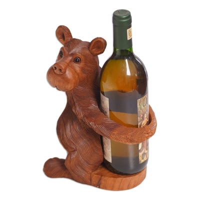 Bear Wine Bottle Holder Hand-Carved from Wood in Bali