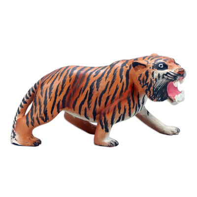 Tiger Wood Figurine Hand-carved & Hand-painted in Indonesia