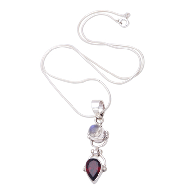 Garnet & Rainbow Moonstone Sterling Silver Pendant Necklace