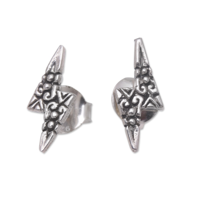 Sterling Silver Button Earrings with Lightning Bolts