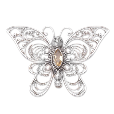 Sterling Silver Butterfly Filigree Brooch with Citrine Stone