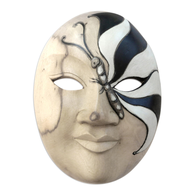 Balinese Hibiscus Wood Mask with Hand-Painted Butterfly
