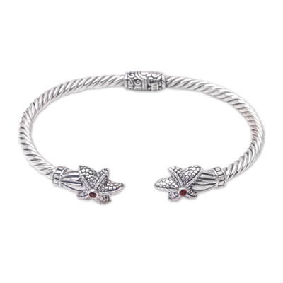 Handmade Garnet Cuff Bracelet with Balinese Artisan Silver