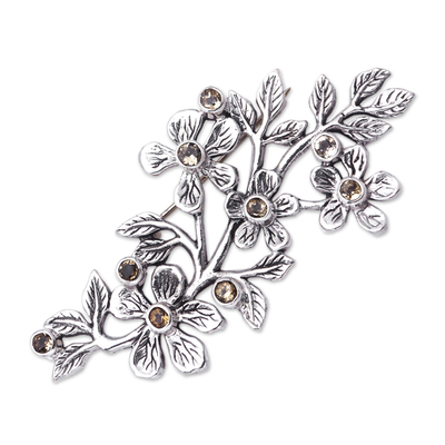 Sterling Silver Brooch with Citrine Stones and Floral Motifs