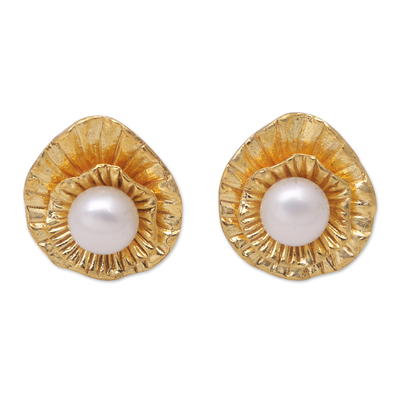 22k Gold-Plated Button Earrings with Cultured Pearls