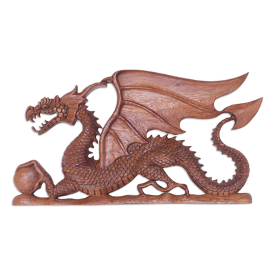 Hand-Carved Suar Wood Relief Panel with Dragon