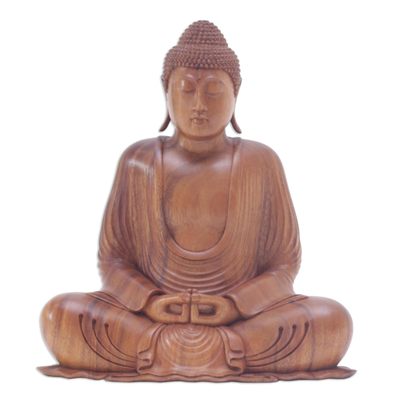 Hand-Carved Suar Wood Buddha Sculpture with Mudra Gesture