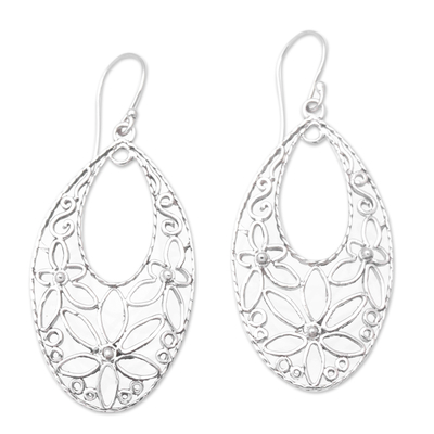 Sterling Silver Floral Filigree Dangle Earrings from Bali