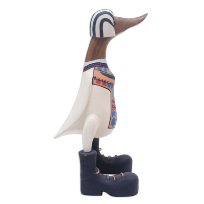 Bamboo and Teak Wood Duck Sculpture in White Egyptian Attire