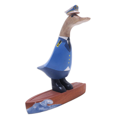 Bamboo and Teak Wood Duck Sculpture in a Captain Suit