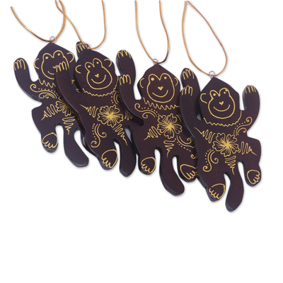 Set of 4 Mahogany Wood Hand-Painted Monkey Ornaments