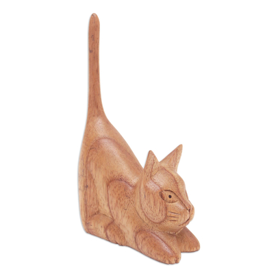 Balinese Hand-Carved Jempinis Wood Sculpture of Brown Cat