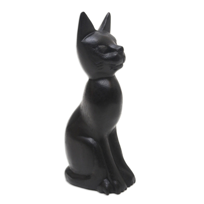 Black Cat Sculpture Hand-Carved from Jempinis Wood in Bali