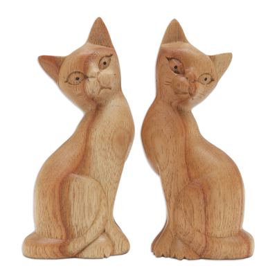 Pair of Jempinis Wood Cat Sculptures in Natural Brown