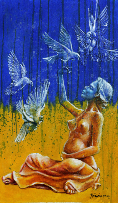 Expressionist Peace Painting of Pregnant Woman with Doves