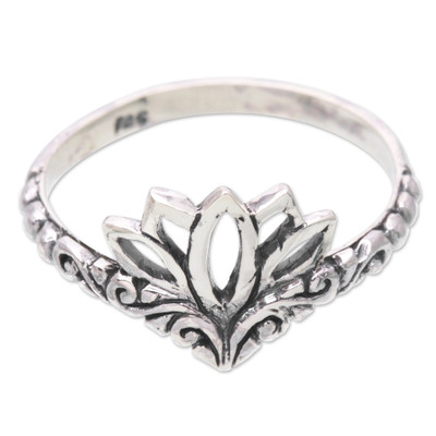 Balinese Sterling Silver Band Ring with Lotus Flower Motif