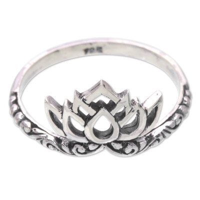 Sterling Silver Band Ring with Lotus Flower Motif