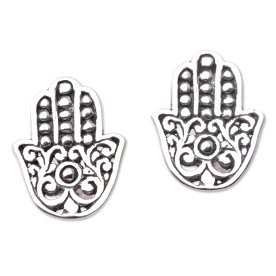 Sterling Silver Button Earrings with Hamsa Symbol