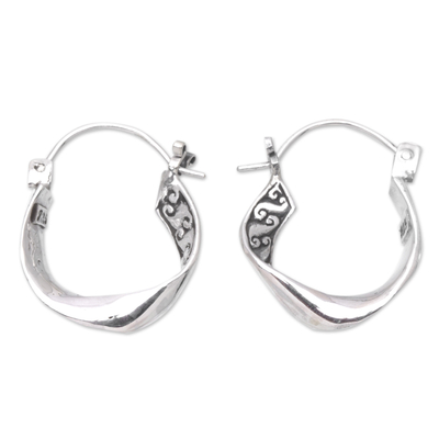 Sterling Silver Hoop Earrings with Balinese Motifs