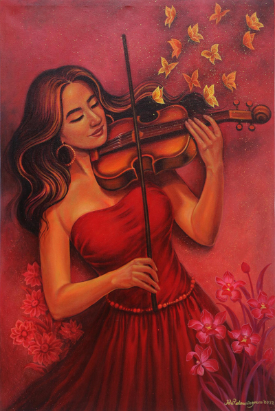 Balinese Realist Painting of Violinist in Red Dress