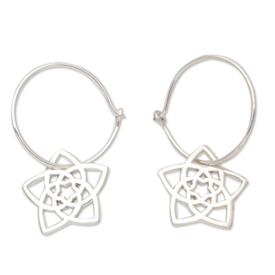 Geometric Floral Sterling Silver Hoop Earrings from Bali