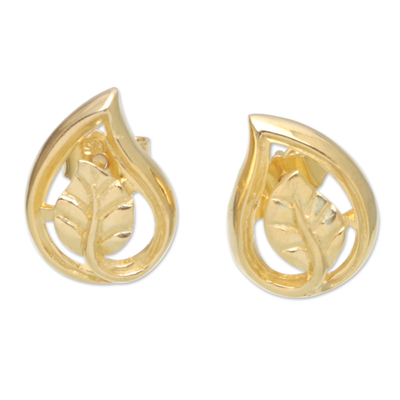 18k Gold-Plated Button Earrings with Leafy Motifs