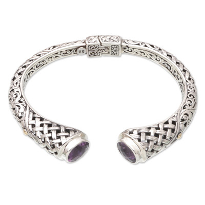 Sterling Silver Cuff Bracelet with Faceted Amethyst Stones