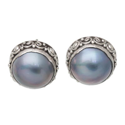 Balinese Sterling Silver Button Earrings with Blue Pearls