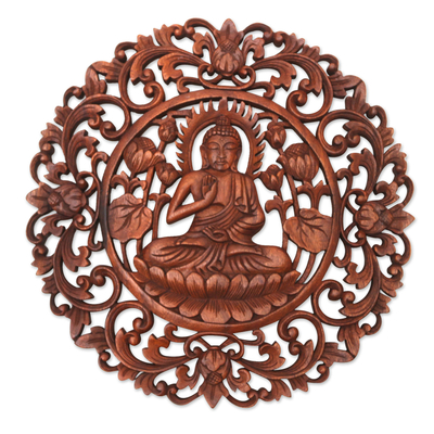 Brown Suar Wood Leafy Relief Panel of Sage Buddha