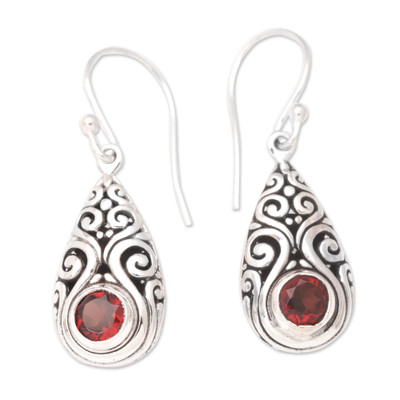 Sterling Silver Tear-Shaped Dangle Earrings with Garnet Gems