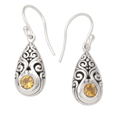 Balinese Sterling Silver Dangle Earrings with Citrine Stones