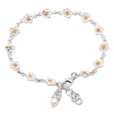18k Gold-Accented Sterling Silver Link Bracelet with Pearl