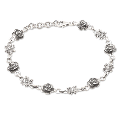 Sterling Silver Link Bracelet with Roses and Blooms