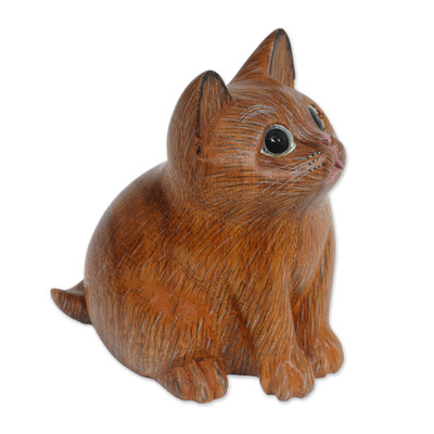 Wood Figurine of Adorable Cat Hand-Carved in Bali