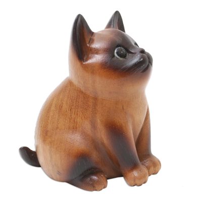 Wood Cat Figurine in Brown and Black Hand-Painted in Bali