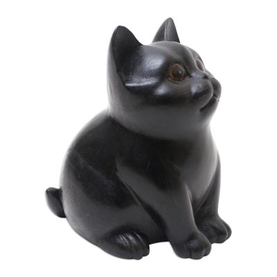 Wood Cat Figurine in Black Hand-Painted in Bali