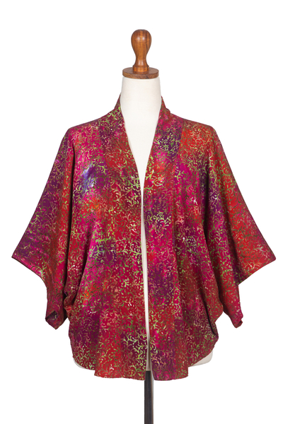Red Hand-Stamped Batik Rayon Kimono Jacket from Bali