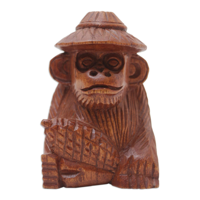 Hand-Carved Jempinis Wood Monkey Statuette with Corn