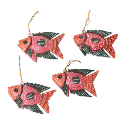Set of 4 Crocodile Wood Hand-Painted Fish Ornaments