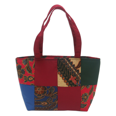Red Cotton Handbag with Batik Motifs and Zipper Closure