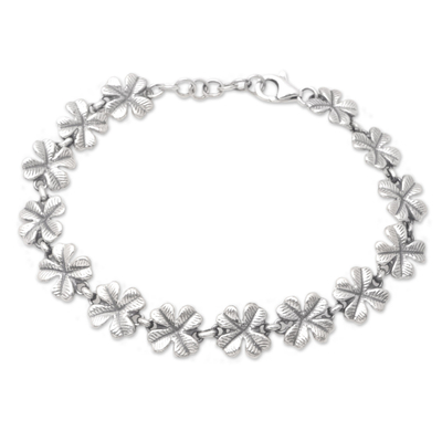 Sterling Silver Link Bracelet with Four-Leaf Clover Motif