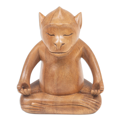 Handmade Brown Suar Wood Monkey Statuette from Bali