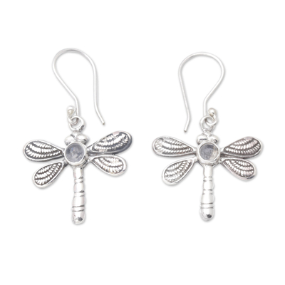 Dragonfly Dangle Earrings with Natural Rainbow Moonstones