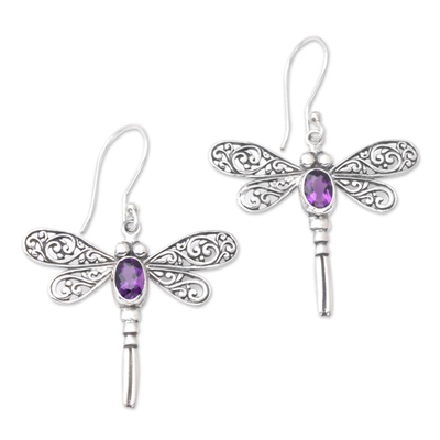 Faceted Amethyst Dragonfly Dangle Earrings from Bali