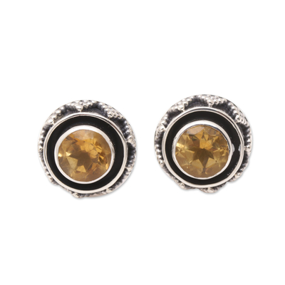Sterling Silver Button Earrings with Two-Carat Citrine Gems