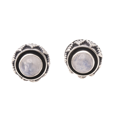 Sterling Silver Button Earrings with Rainbow Moonstones