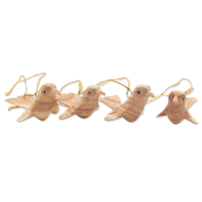 Hand-Carved Wood Sparrow Bird Christmas Ornaments (Set of 4)