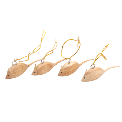 Hand-Carved Wood Mouse Christmas Ornaments (Set of 4)
