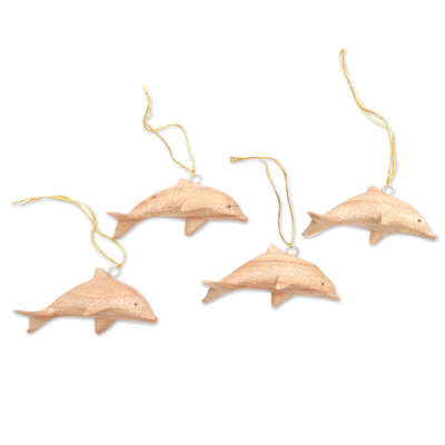 Hand-Carved Wood Dolphin Christmas Ornaments (Set of 4)