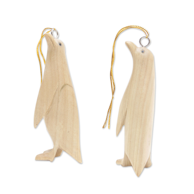 Pair of Hand-Carved Wood Penguin Christmas Ornaments